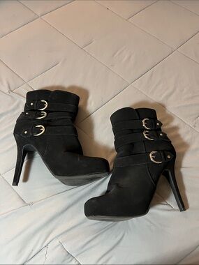 Black Suede Triple-Buckle High Heel Ankle Boots